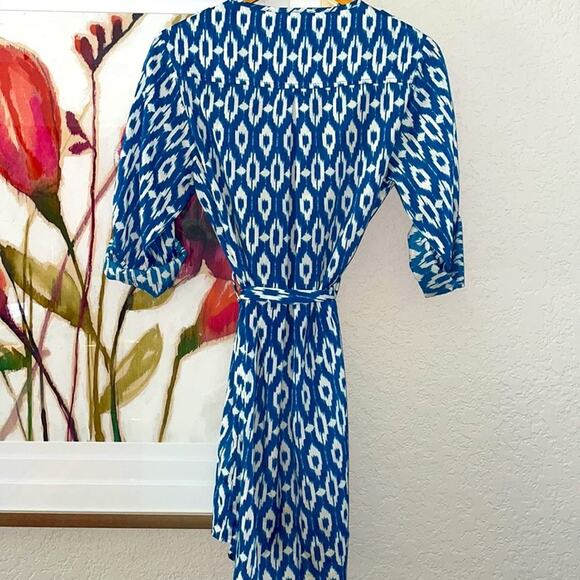 NEW Maeve Anthropologie Ikat Frequencies Blue White Shirt Dress Preppy Vacation - Picture 5 of 7
